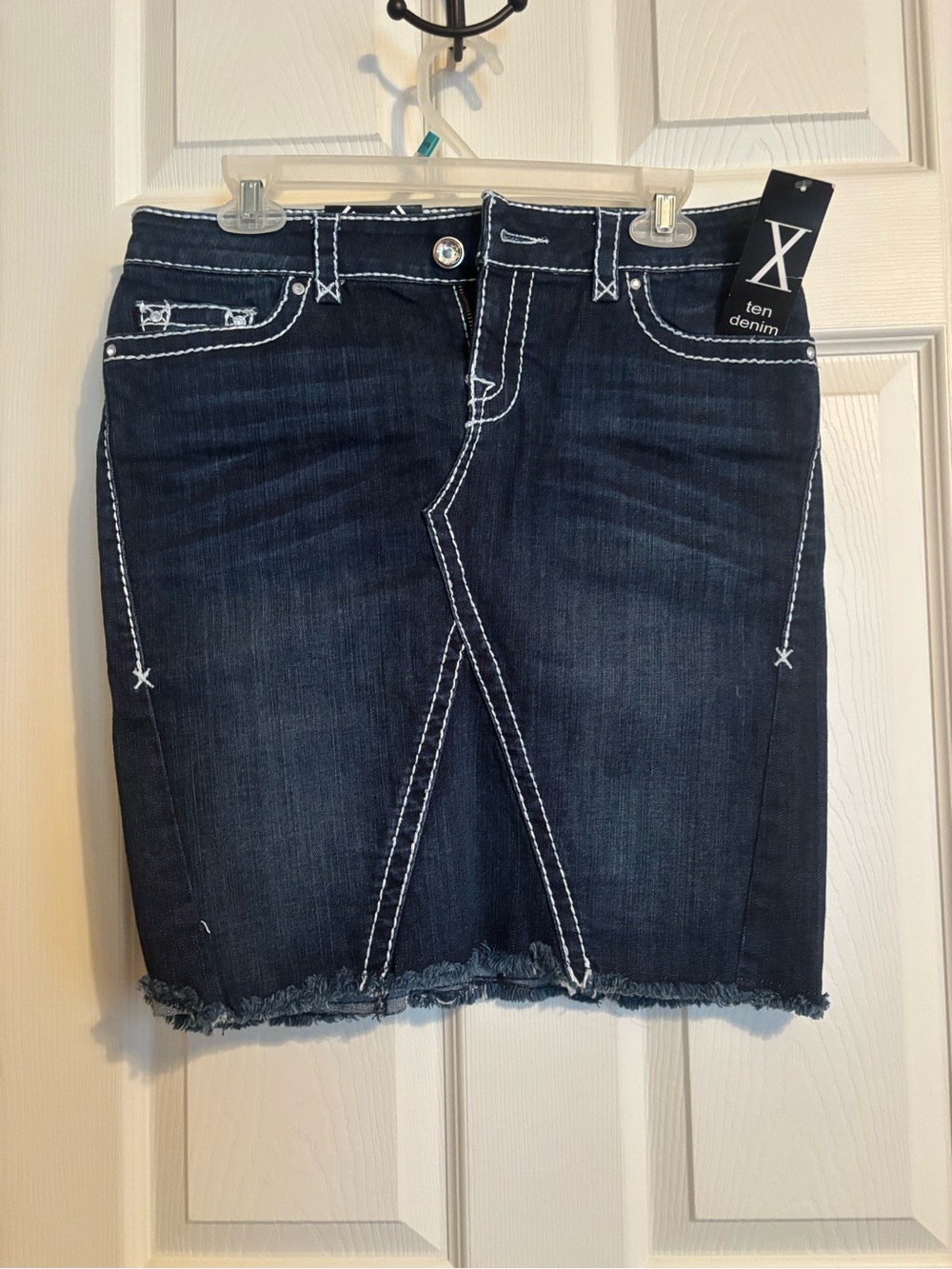 Ten X Dark Blue Denim Mini Skirt with Frayed Hem and Contrast Stitching